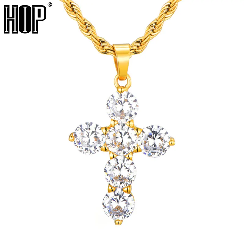 

HIP Hop Iced Out Bling Stainless Steel Cross Necklaces & Pendants Gold Color For Men Jewelry Rope Chain Dropshipping