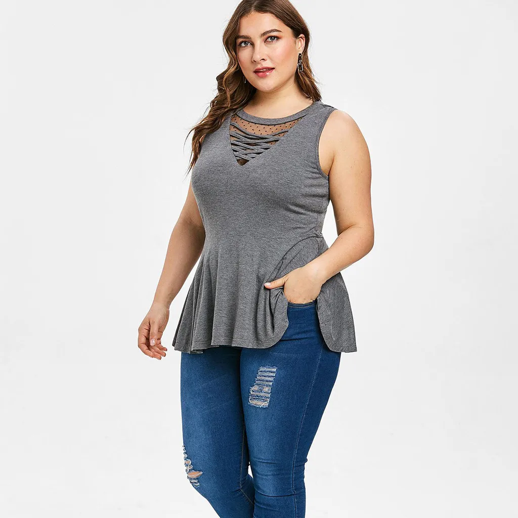 2019 Fashion Women Plus Size Casual Sexy Daily Cross O-Neck Mesh Patchwork Sleeveless Ruched Hem Top camisetas verano mujer 50