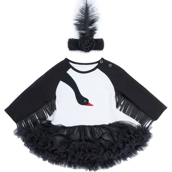 

2020 New Design Long Sleeve Tassel Black Swan Lace Dress Costume Trolls For Baby Girls Carnival Party Clothes Gift Send Headband