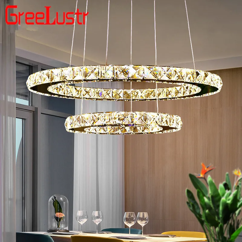 

2 rins Modern LED Crystal Chandeliers Pendant Lamp Stainless steel Round Hanging Lamp luminaire led lighting fixtures