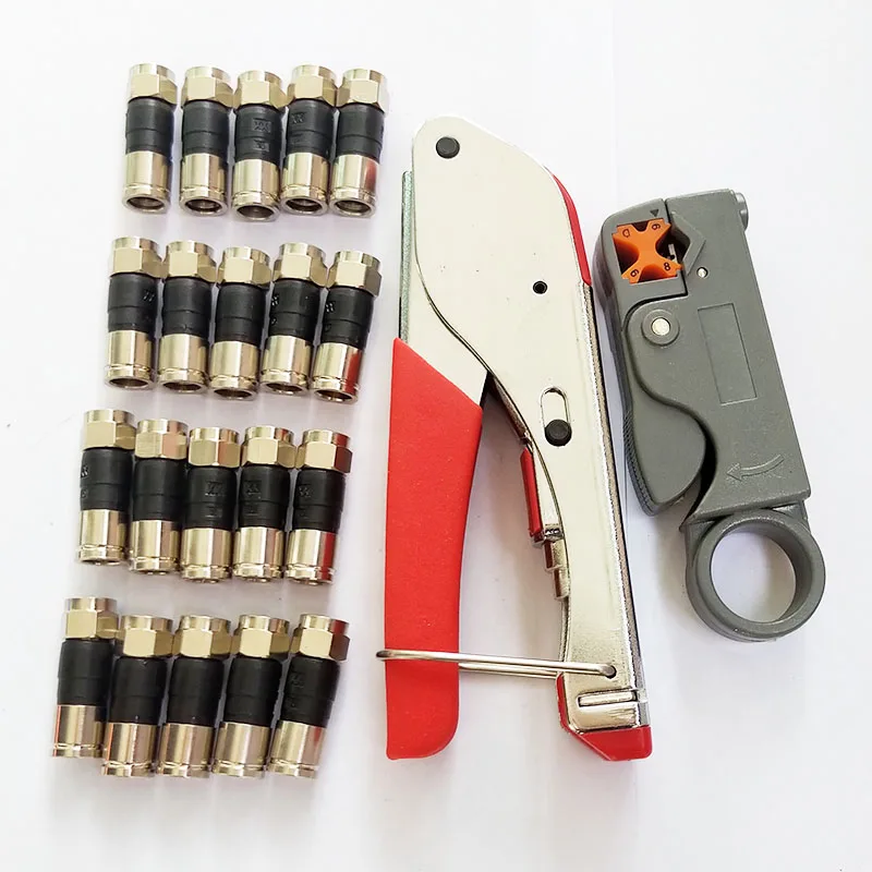 

20 PCS RG6 Compression f Connector with RG59(4C) RG6(5C) compression connector crimping Tool Coax Cable Wire Stripper Kit