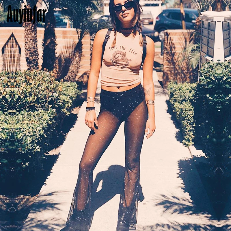 

Auyiufar Mesh Flare Pants Transparent Streetwear Women's Pants Black Harajuku High Waist 2019 Pantalones Mujer Summer Trousers