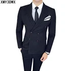 Stripe Mens Suit set Custom black/Navy Blue male Striped Suits Tailored Double Breasted terno masculino Business wedding suits