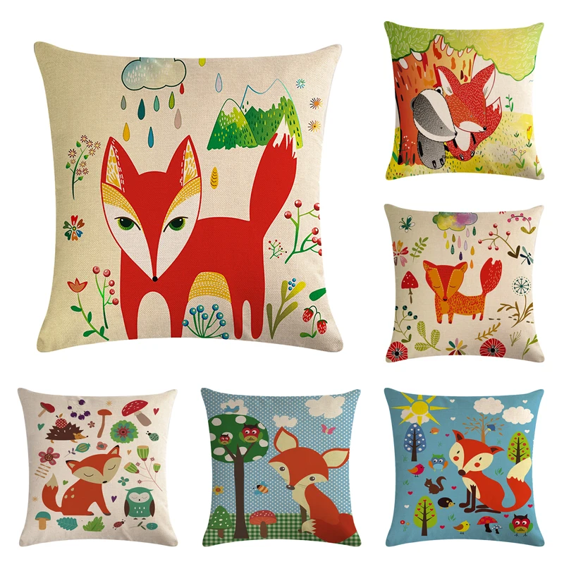 

Nordic Cute Cushion Cover Fox Children Linen Decorative Cushion Covers for Sofa Pillow Case Funda Conjin Almofadas