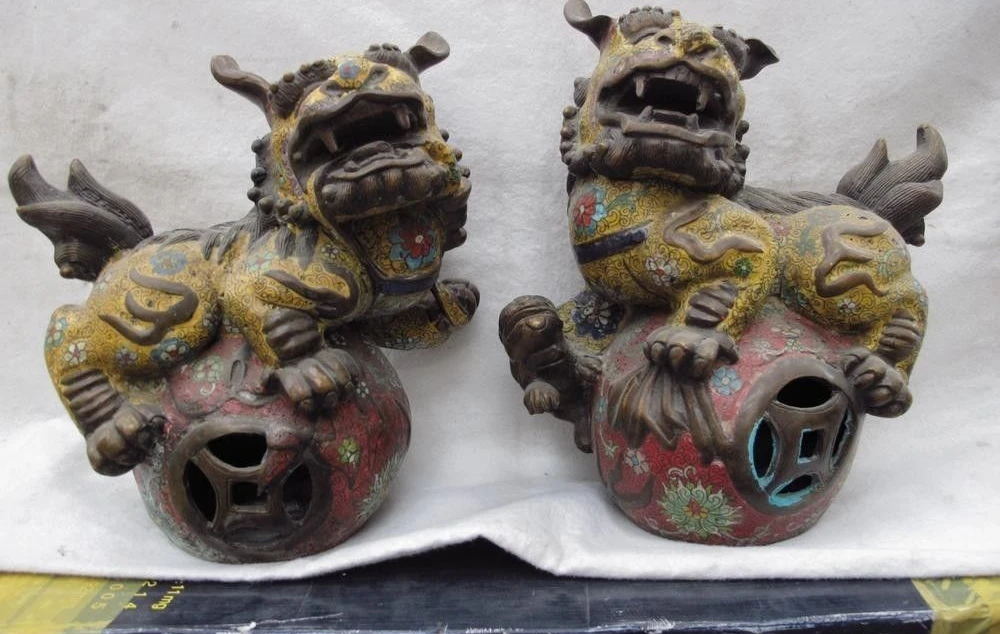 

China Palace Bronze Copper cloisonne FengShui Evil Fu Foo Dog Lion on Ball Pair