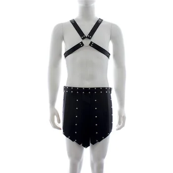 Masculine Fantasy Costume Mens Chest Harness with Barbarian Hula Skirt Male Role Play Playsuit Fetish Costume