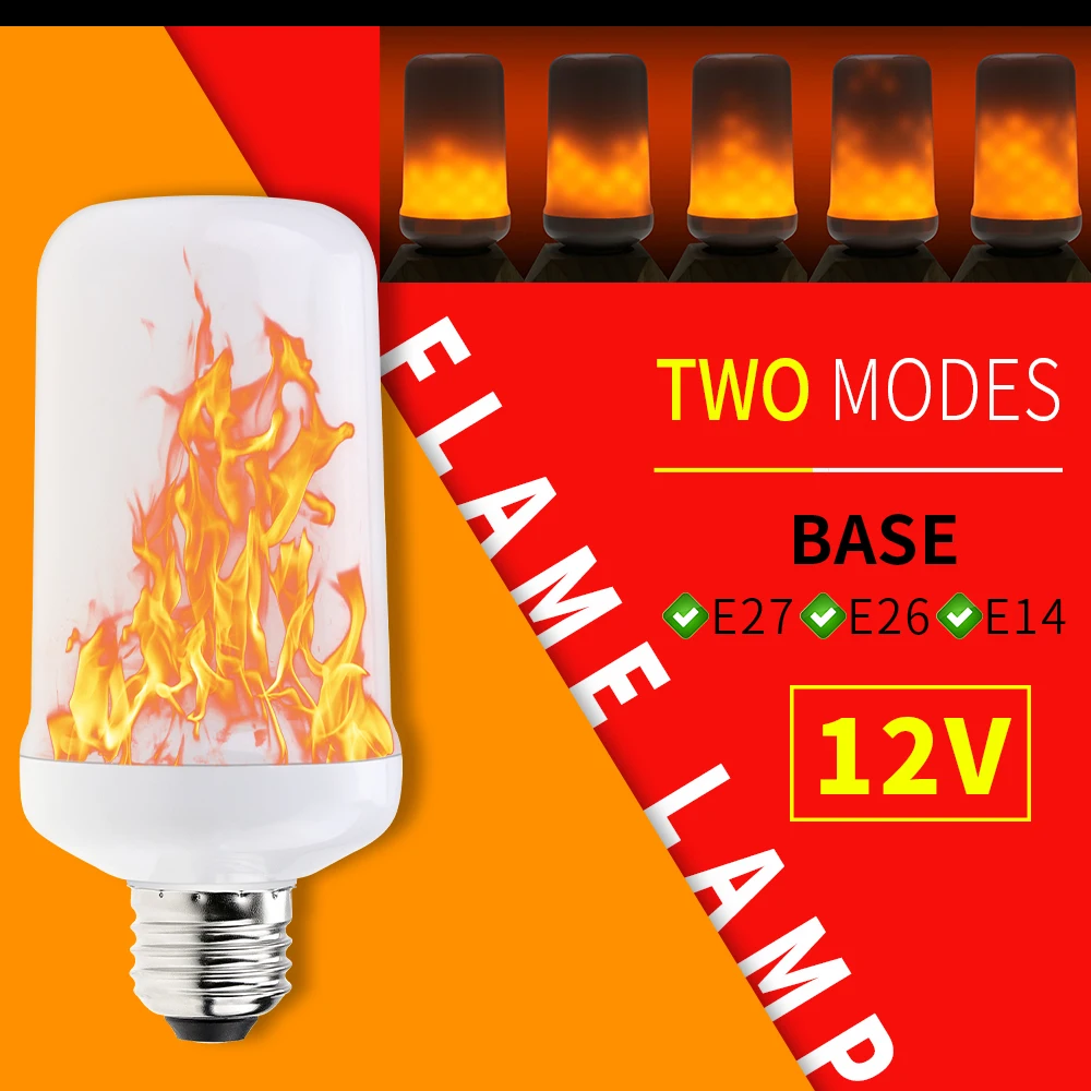 

E27 LED Flame Bulb DC 12V LED Flame Effect Fire Light Bulbs E26 Two Modes E14 Flickering Emulation Decor LED Lamp 99leds SMD2835