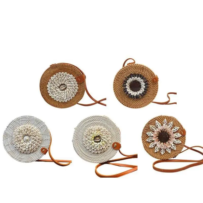 

Fashion Round Shoulder Bag Rattan Hand Woven Beach Straw Hand Bags Small Mini Shell Crossbody Messenger Bag For Women Ladies