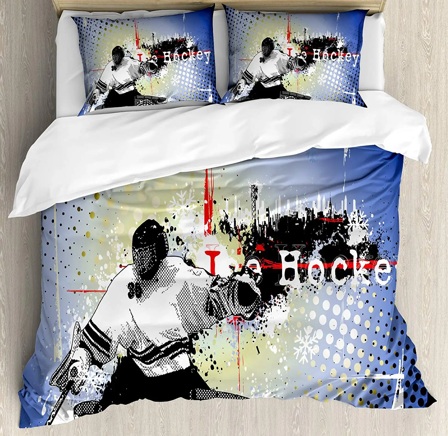 Hockey Duvet Cover Set Retro Halftone Style Backdrop With Player