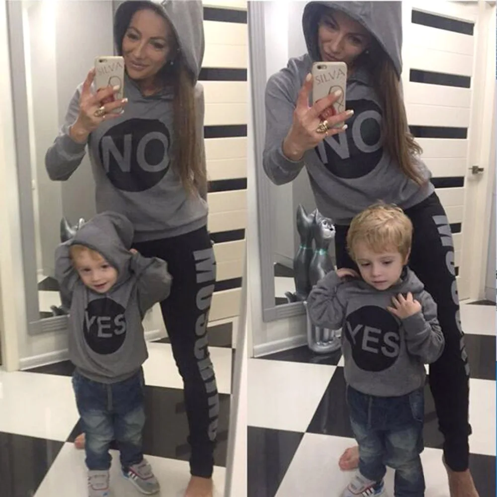 

Puseky 2017 Fall Autumn Mother and Daughter Yes No Print Hooded Tops Woman Kids Girls Hoodies Coat Outwear Family Match Clothes