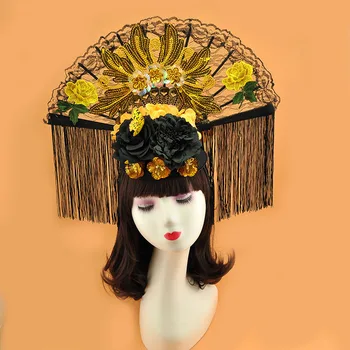 

2019 Spring Fancy SHow Large Golden Lace Fan Fascinator Hat Hairband For Women Photo Shoot Party Wedding Ladies Fringe Headband