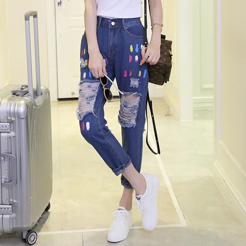 

New 2017 Spring Autumn Women Jeans Ripped Holes High Waist Famal Pencil Denim Pants Cotton Trousers AC496