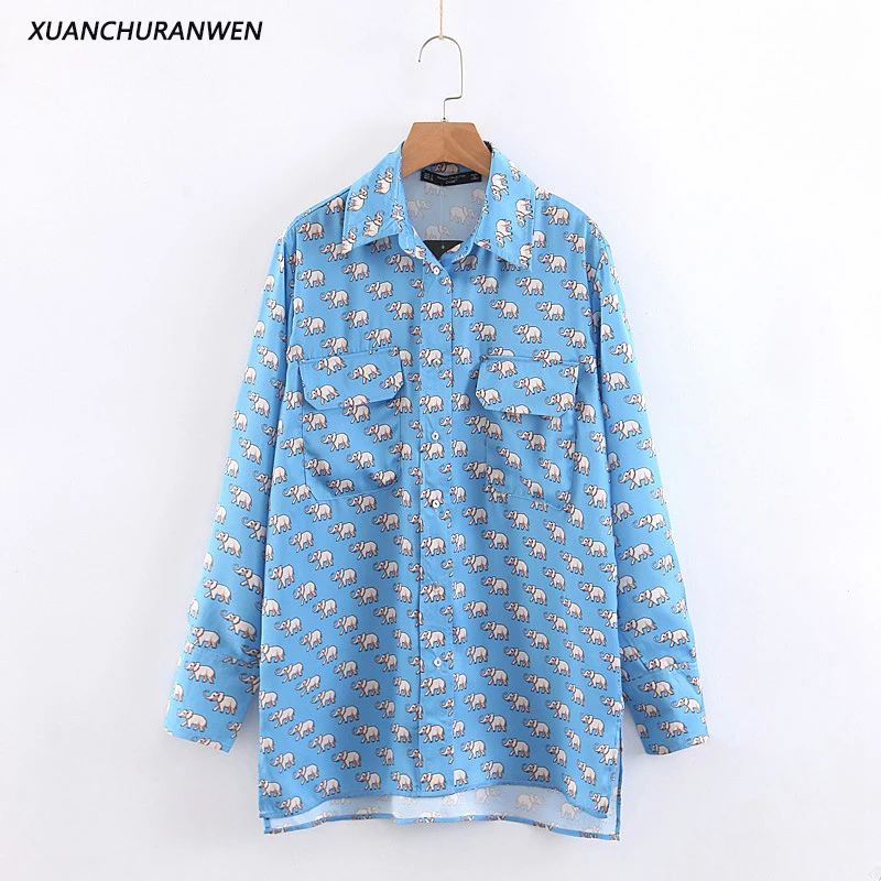 

Women Long Sleeve Animal Printed Blouse Spring Turn Down Collar Pocket Shirts Female Ladies Casual Office Tops XB9229