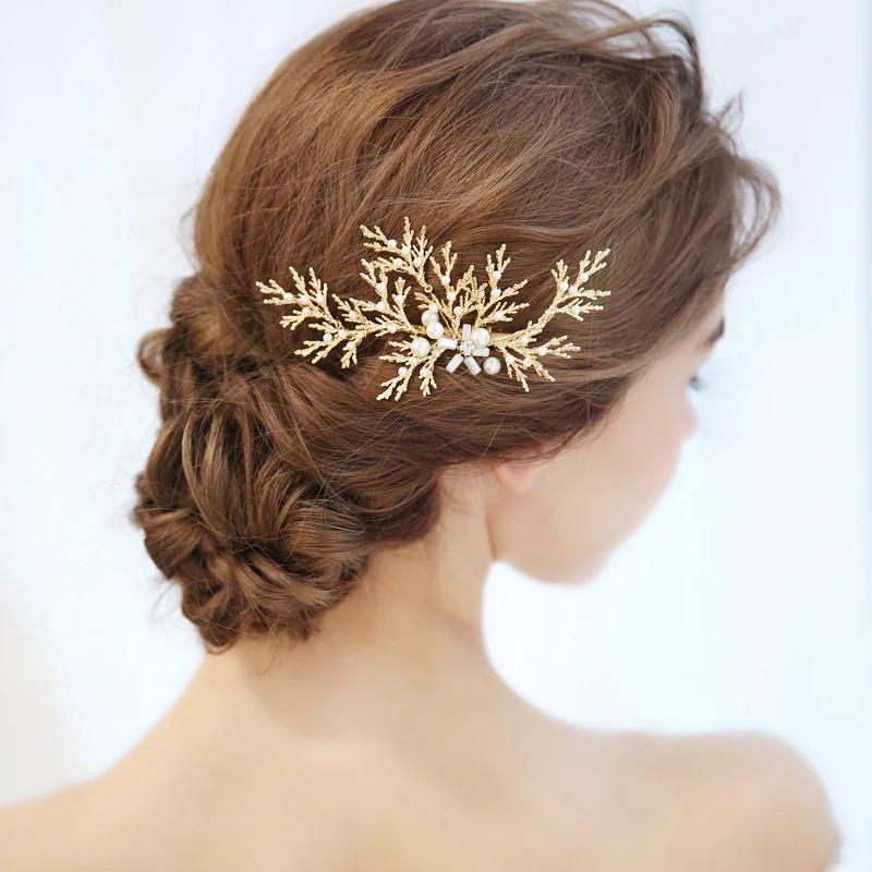 Fashion Bridal Hair Clips Golden Leaves Bridal Hair Comb Pearls Wedding