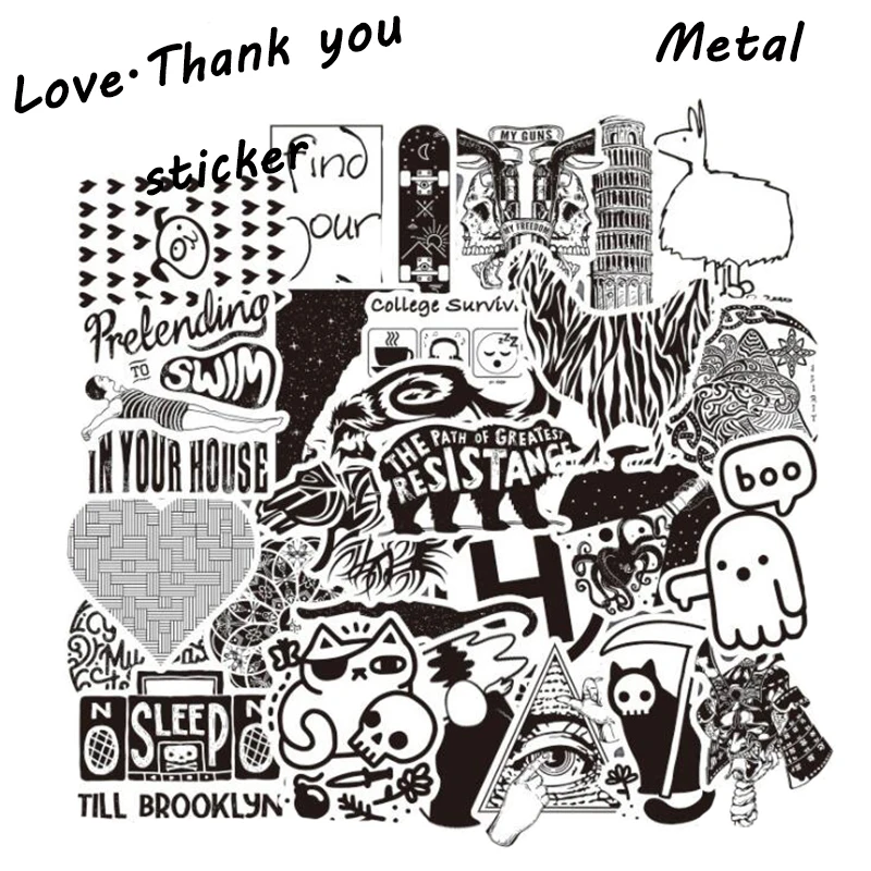 50pcs/lot Metal Color Black and White DIY Stickers for Skateboard Laptop Snowboard Car Phone Home Decor Funny Kids Toys Gifts