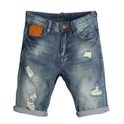 Newsosoo Для мужчин летние рваные шорты из денима с отверстиями Винтаж проблемных Короткие джинсы промывают синие джинсовые шорты плюс
