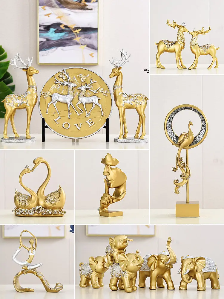 

European Resin Gold Simulation Animals Ornaments Elephant Deer Crafts Decoration Office Desktop Figurines Art Home Accessories