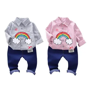 

2019 Autumn Baby Boy Long Sleeve Rainbow Striped Pattern Soft Cotton Shirt Tops+Long Trousers Toddler Outfits