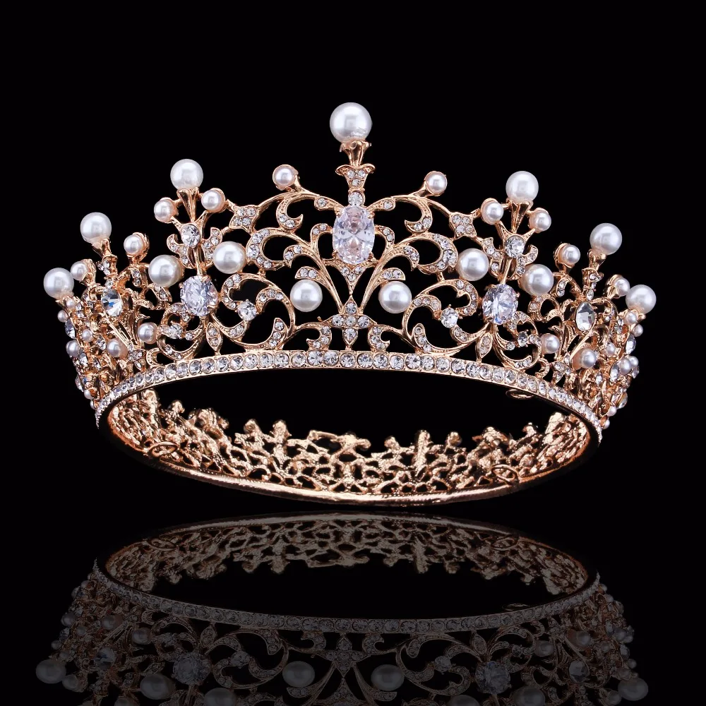 

Luxury Pearl Crystal Gold Crown Bridal Wedding Jewelry Rhinestone Zircon Tiaras Crowns Pageant Dress Hair Accessories