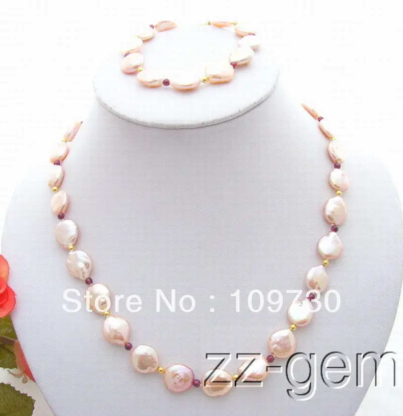 

A0503 Jewelry 00464 Pink Coin Pearl&Garnet Necklace&Bracelet-Set (0430)