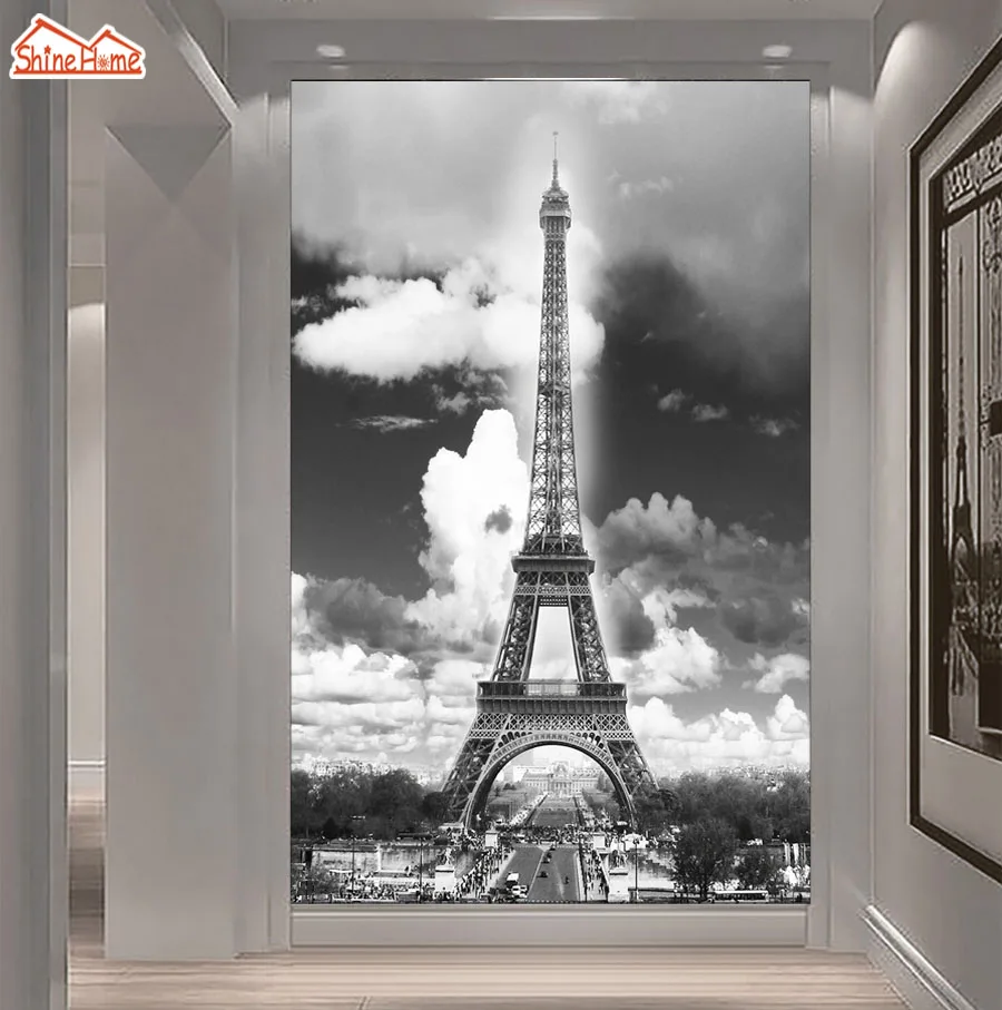 ShineHome Menara Eiffel Hitam Putih Lorong Pintu 3d Wallpaper