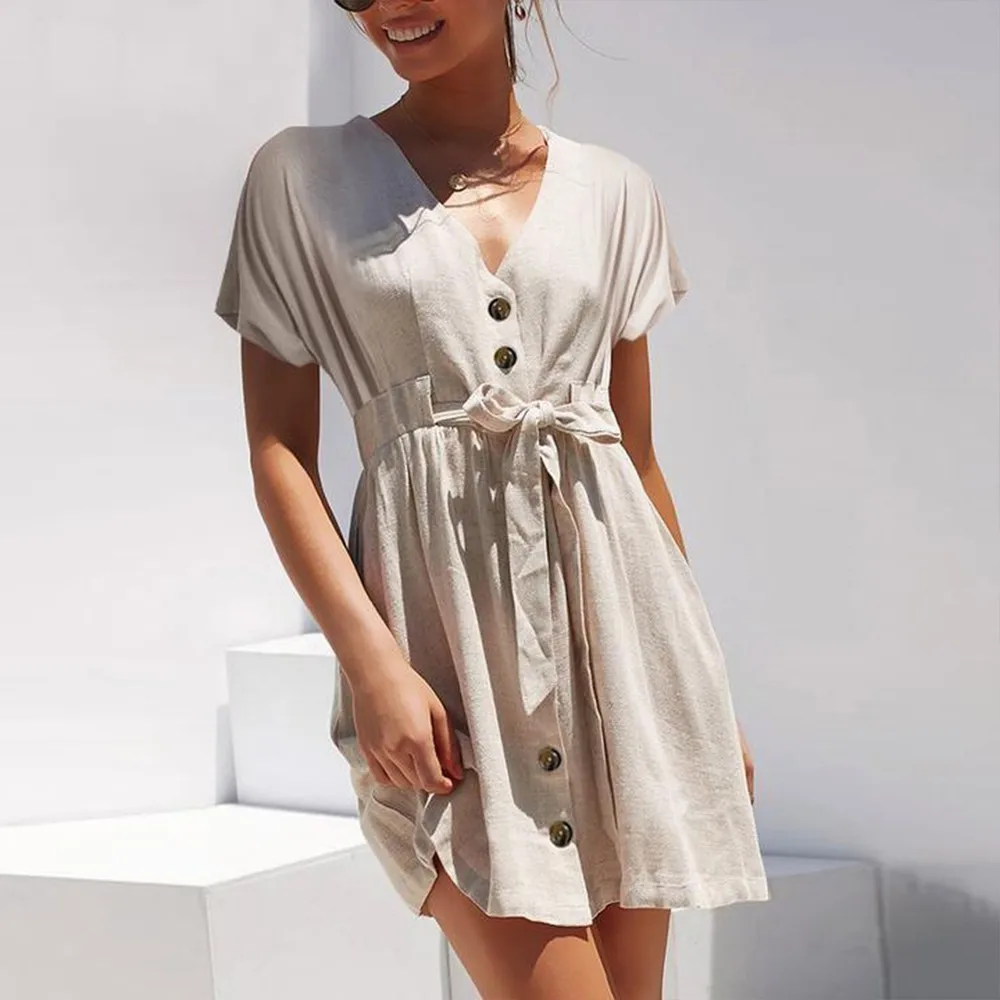

Plus Size Cotton Linen Dress Women Summer V Neck Short Sleeve Mini Dresses Beach Female Button Belt Sundress Vintage Dress