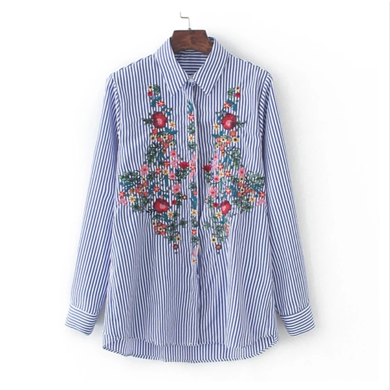 

Women Embroidery Blouses 2017 Casual Floral Embroidery Shirt Long Sleeve Turn Down Collar Tops Striped Blusas Femme Loose Blouse