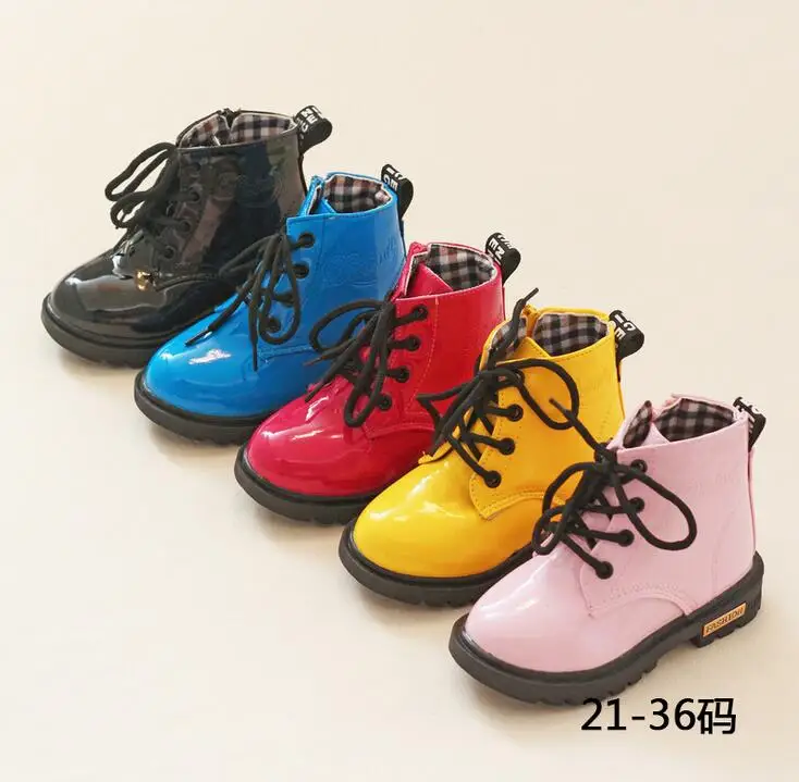 

Children Sneakers Boys Girls Candy Color Patent Leather Warm Kids leathe BootsNew fa Antiskid Waterproof Winter Motorcycle Boots