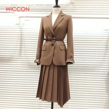 

Elegant Dress Suits Women Long Blazer Jackets Single Breasted Office Ladies Pleated Mini Dress Suits With Belt Plus Size