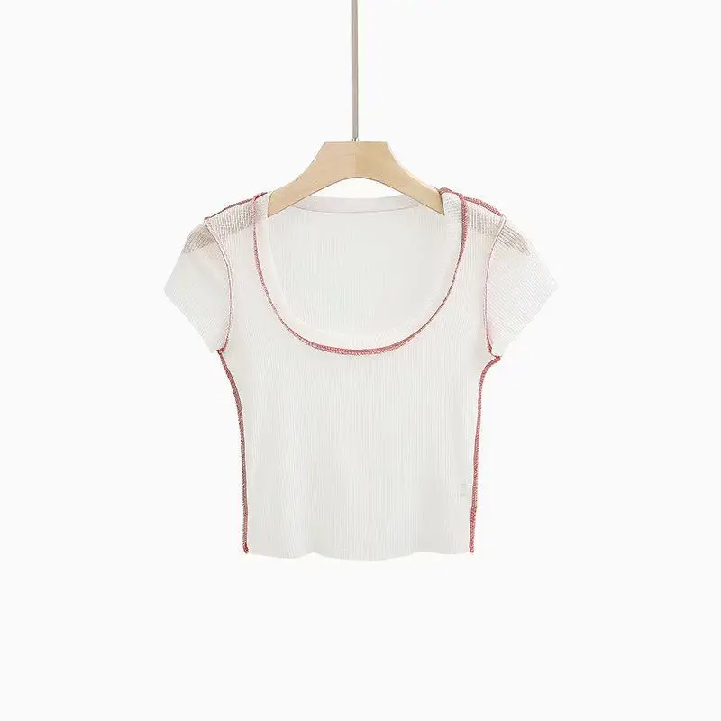 

Color Line Perspective Threaded Head Large Round Neck Short-sleeved Slim Slimming Umbilical T-shirt Sexy Casual Bottoming Shirt
