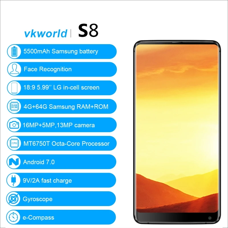 VKworld S8 5 99 'ཎ:9 полный Экран Android 7 0 Octa Core 4 GB 64 16.0MP распознавания лиц 5500 mAh