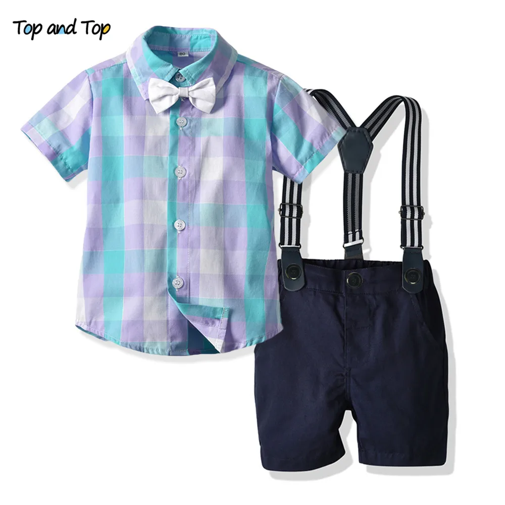 

Top and Top Baby Boy Clothing Set Infant Costume Short Sleeve Plaid Shirt+Suspender Shorts Bebe Gentleman 2Pcs Suit for Wedding