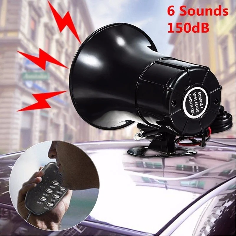 

150dB Black 100W 6 Sounds Loud Warning Car Alarms Police Fire Siren Horn PA Loud Speaker PP Plastic MIC Kit Volume Adjustabl