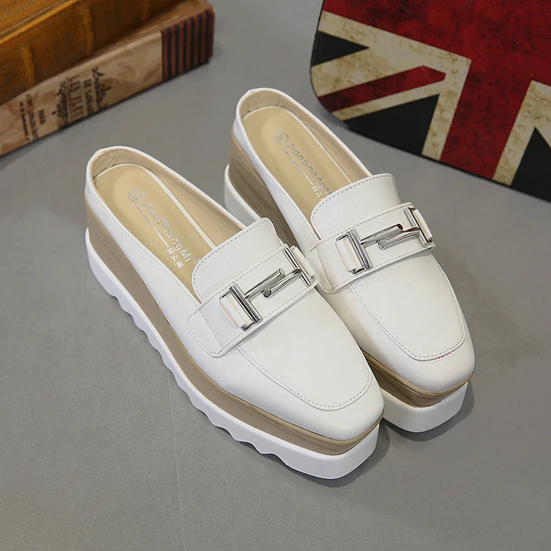 Womens Metal Slide Sandals Round Head Thick Bottom Wedge Shoes Non-Slip Flats Casual Platform