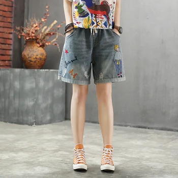 

2020 Embroidered Ripped Denim Shorts Loose-fit Elastic Waist Drawstring Retro Fashion Women's Casual Pants Jeans Female Summer
