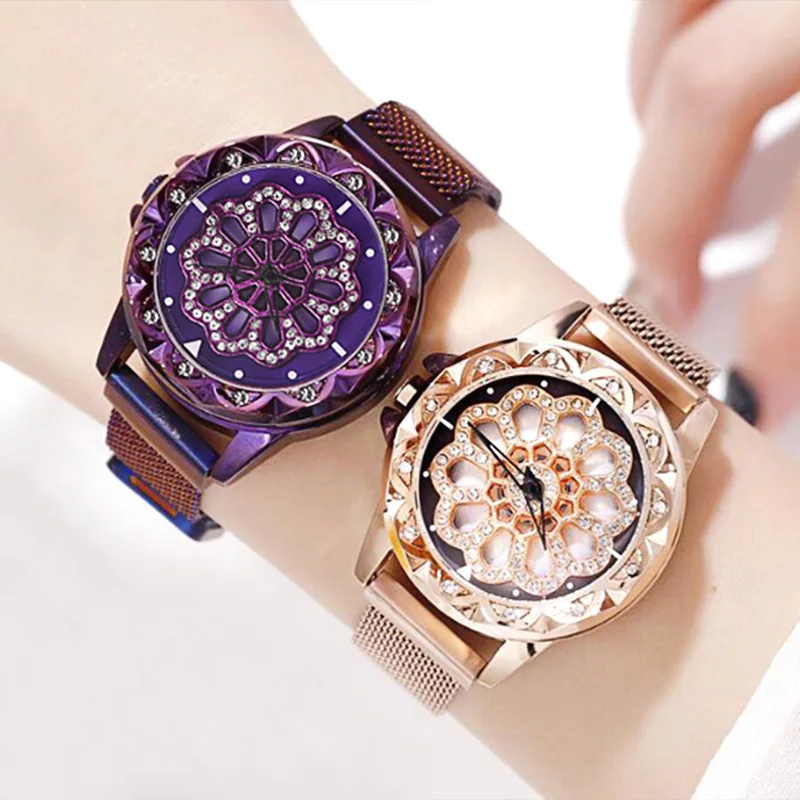 

Women Lucky Quartz Watch Rotatable Lotus Dial with Magnetic Buckle Alloy Mesh Band TT@88