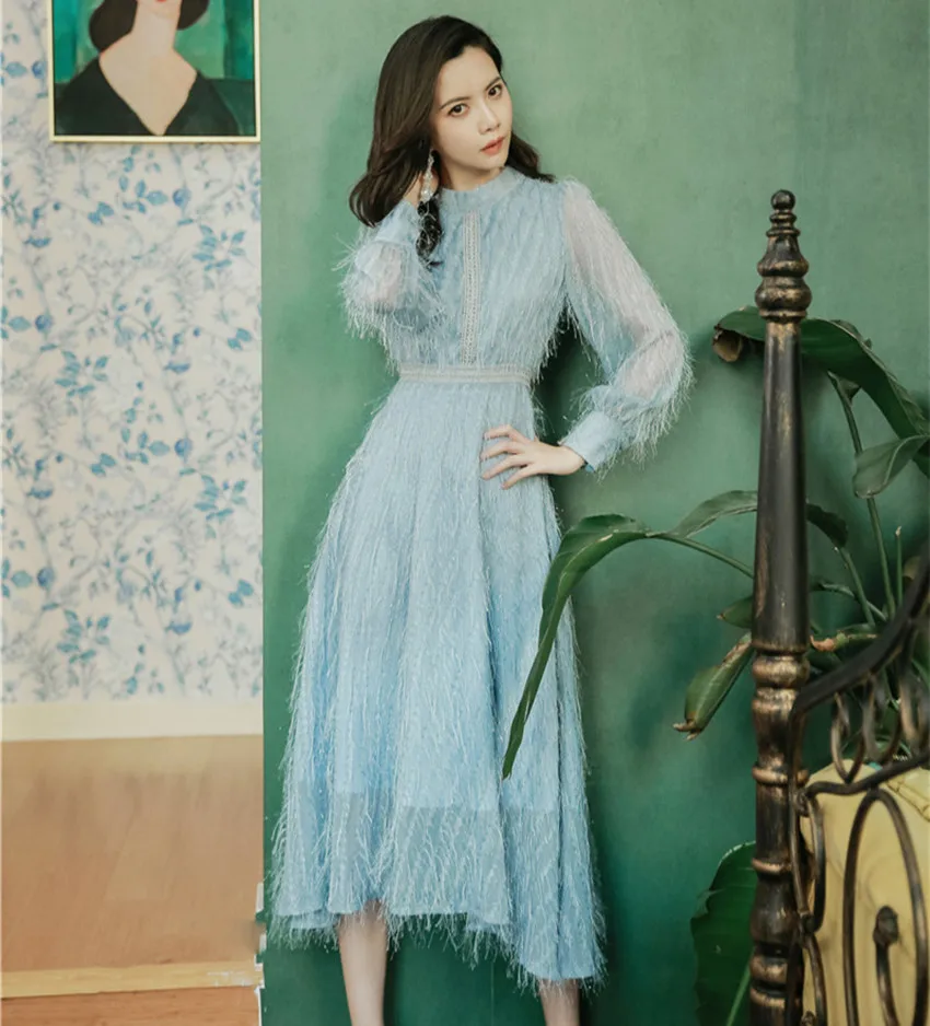 

HAMALIEL High Quality Fairy Party Long Dress 2019 Spring Women Sky Blue Feathers Tassel Dress Elegant Slim Stand Collar Dress