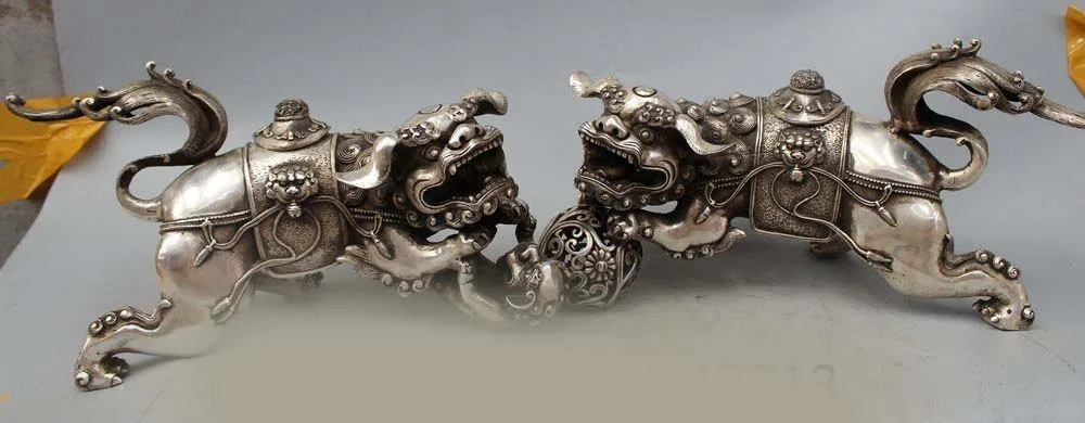 

DS 17"Lucky Chinese House Feng Shui Silver Foo Fu Dog & Lion Beast WIth Ball Statue