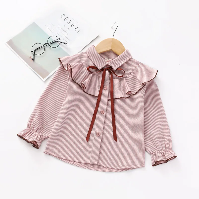 Autumn New Girls Long-sleeved Shirt Lotus Leaf Chiffon Pink Shirt College Wind Ribbon Bow Children's Fashion