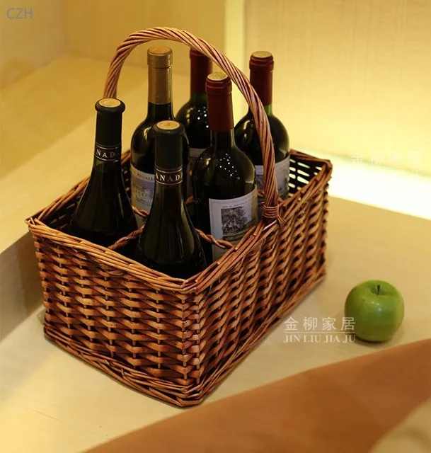 Натуральный и ручной работы 6 отделов плетеная и Виноградная лоза вязаный Органайзер корзина для хранения вина, напитков и кемпинга принадлежности для пикника