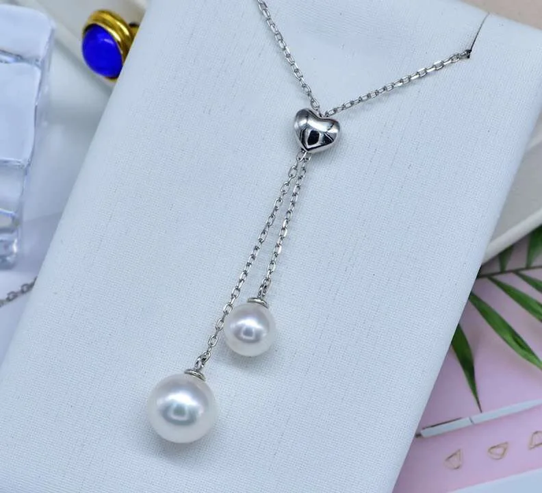 

2 Pearls Heart Shape 925 Silver Pearl Necklace Chain with Pendant Mountings Necklace Findings Jewelry Parts Fittings Accessories