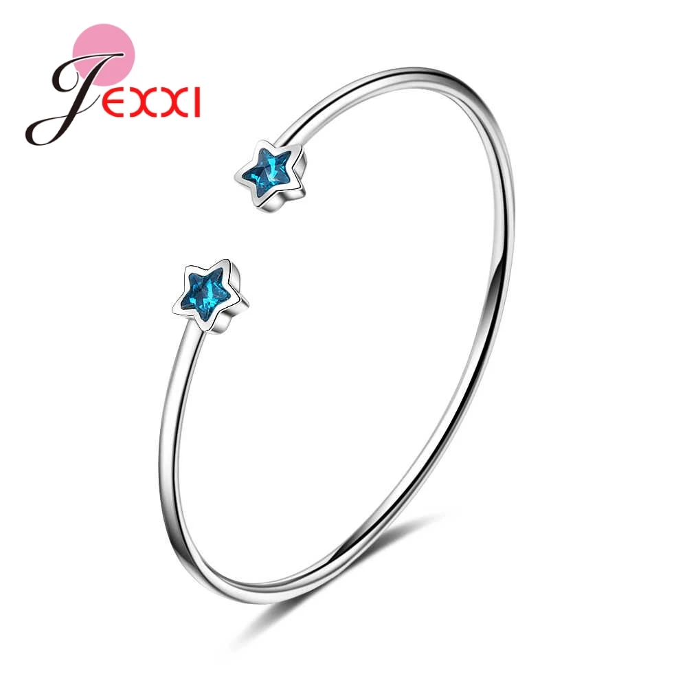 Cute High Quality Double Blue Stars CZ Crystal 925 Sterling Silver Opening Bangle For Woman Girls Vogue Engagement Gift | Украшения и