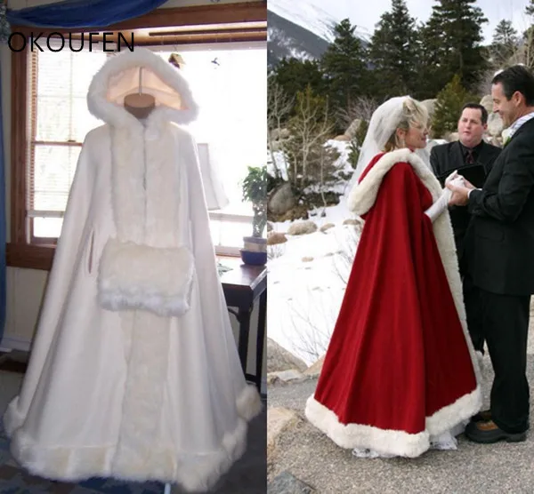 

Faux Fur Wedding Jackets Bridal Capes Cloak Wraps Hooded Bride Red Winter Coat Keep Warm chaqueta mujer Wedding Accessories capa