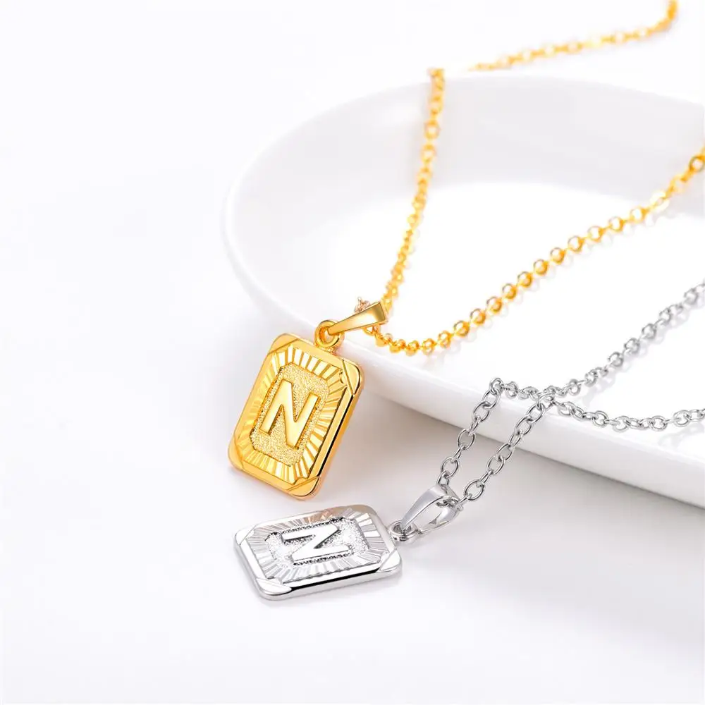 U7 Square Letters Necklaces Pendant Chain Necklace for Women Men English Initial Name Alphabet Jewelry Best Birthday Gifts P1196 - Окраска металла: N