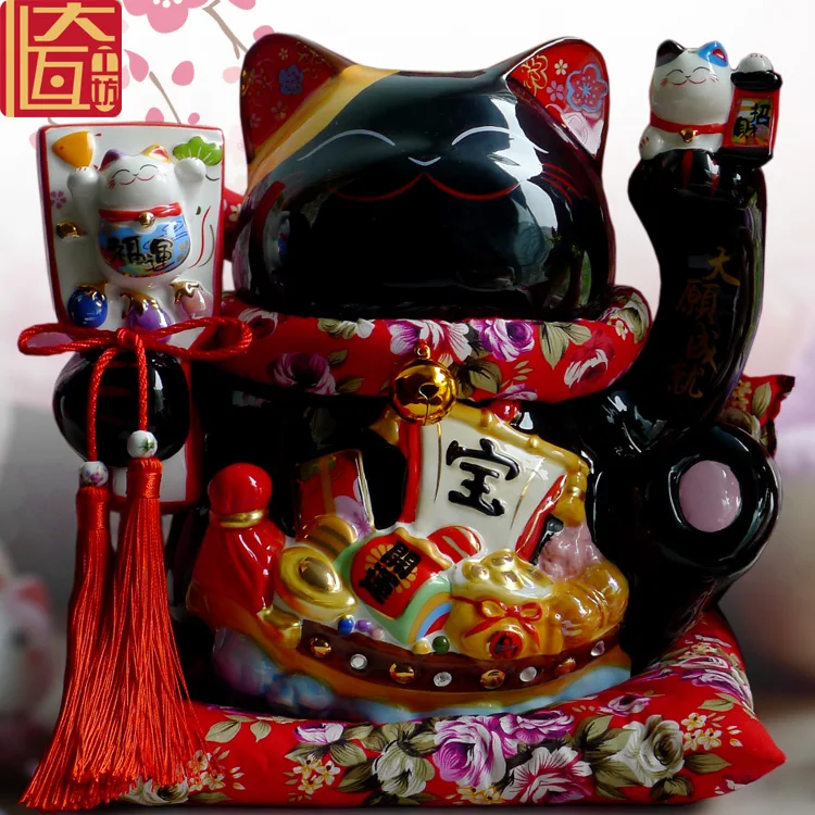 Черный Maneki Neko керамический счастливый кот с лютней домашний декор украшения креативные деловые подарки удача Кот Копилка фэншуй ремесло