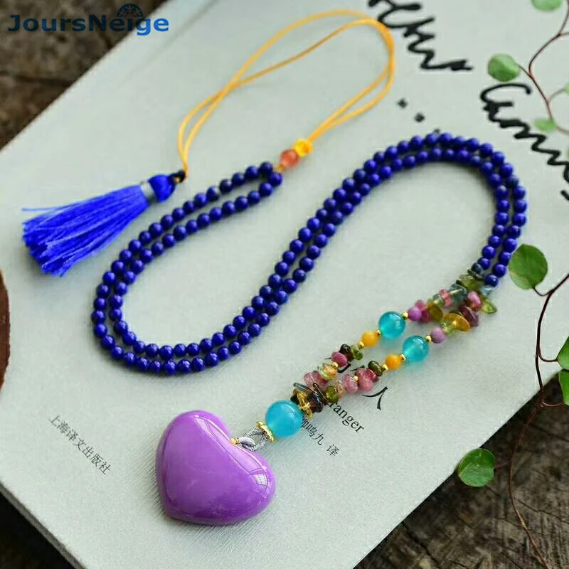 

Wholesale Purple Natural Mica Pendant Caved Heart Pendant Necklace Blue Ore Stone Sweater Chain Lucky for Women Fashion Jewelry