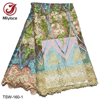 

French Net Lace Fabric with Rhinestones Beautiful African Embroidery Tulle Lace Nigerian Guipure Cord Lace Wedding TSW-160