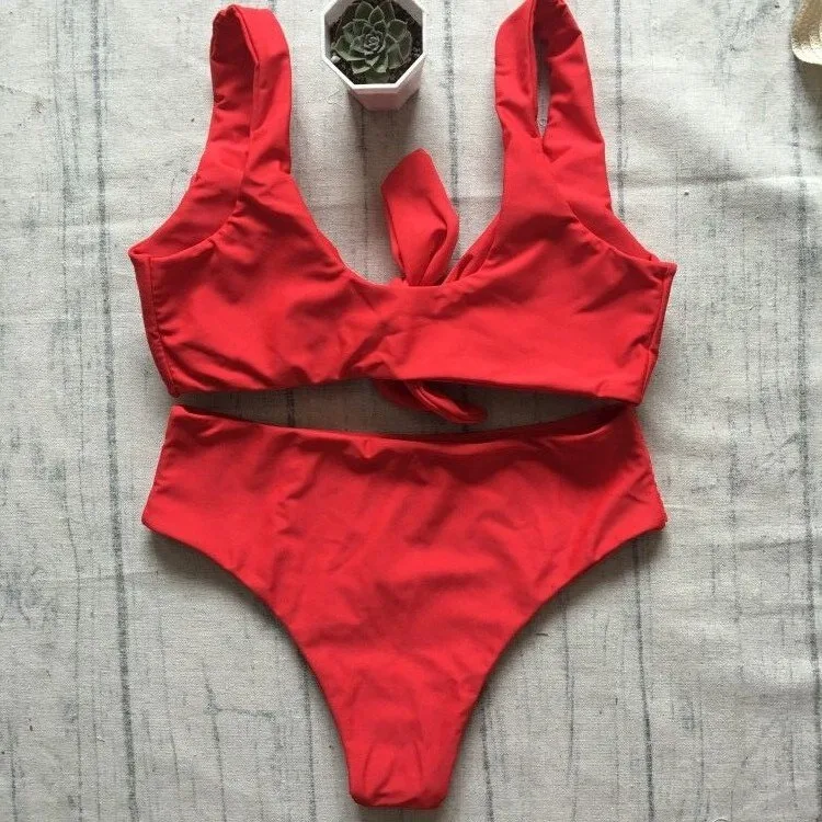 Billig Solide Bikini Brust Verknotet Bademode 2018 Frauen Sommer Badeanzug Hohe Taille Badeanzüge Push Up Brazilia Schwimmen Biquinis Set