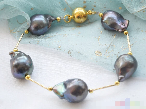 

free shipping 12689 black BAROQUE KESHI REBORN PEARL gild 5star bracelet
