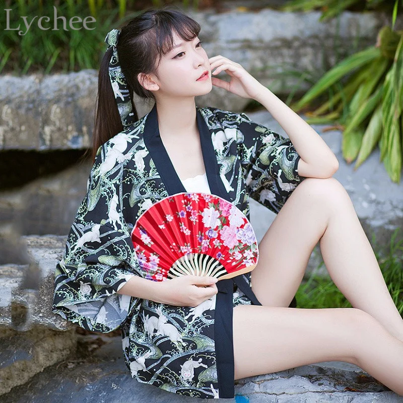 

Lychee Japanese Kimono Rabbit Wave Print V Neck Three Quarter Sleeve Yukata Cardigan Kawaii Blouse Shorts